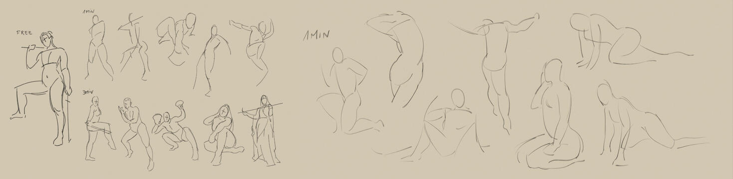 Timed sketches from two figure drawing sessions.